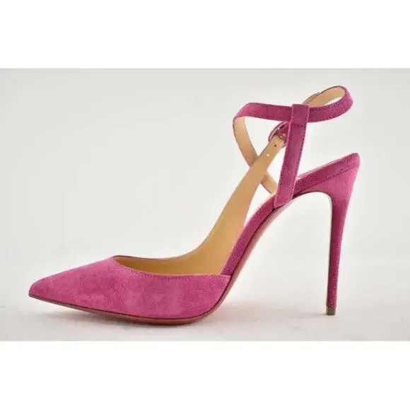 Christian Louboutin Jenlove 100 Grenat Pink Ankle Strap Pointed Heel Pump 35.5